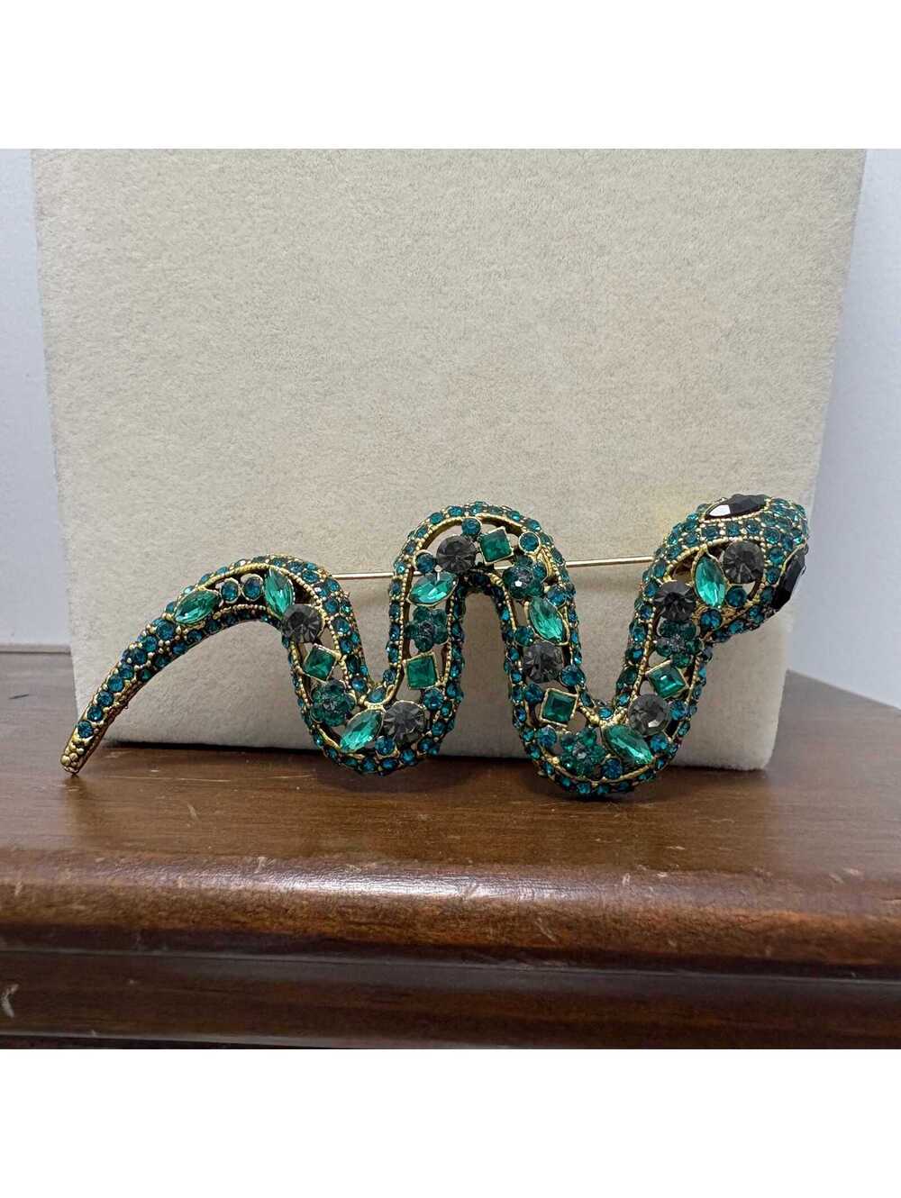 Large Modern Gold Tone Green Snake Brooch Pin with Rhinestones